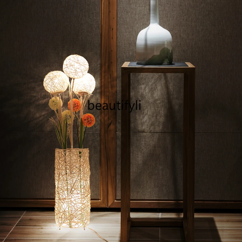 

GY Rattan Floor Lamp Creative Chinese Bed & Breakfast Zen Tea Room Lamp Bedroom Bedside Lamp Rattan Japanese Floor Lamp