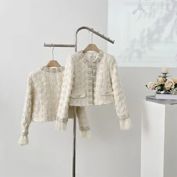 Female Spring Fall Jackets Nail Bead Splicing Fragrant Style Diamond Inlaid Tassel Hairy Lace Short Coat