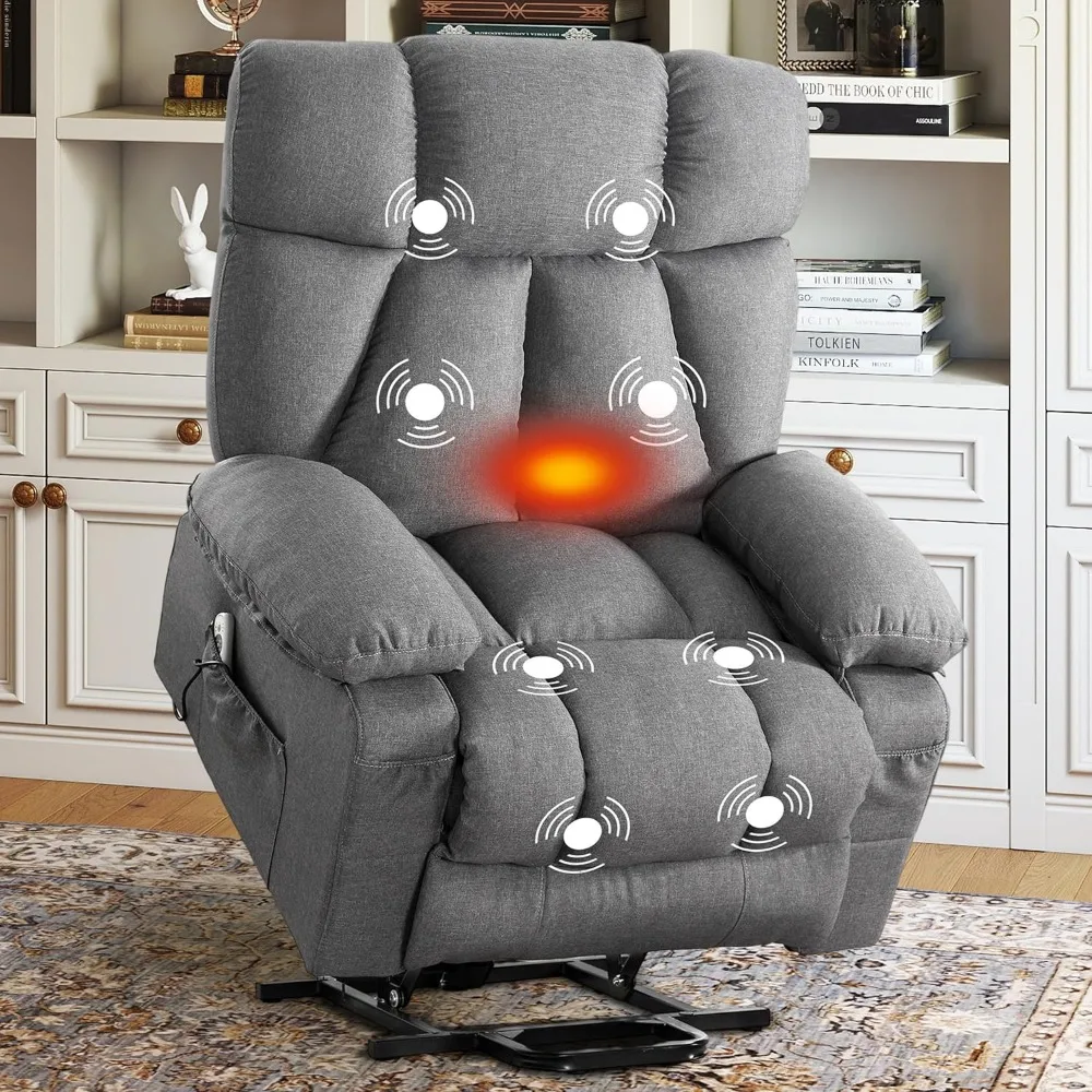 Elderly Power Lift Recliner with Massage and Heat, Fabric Upholstered Electric Chair for Living Room Comfort