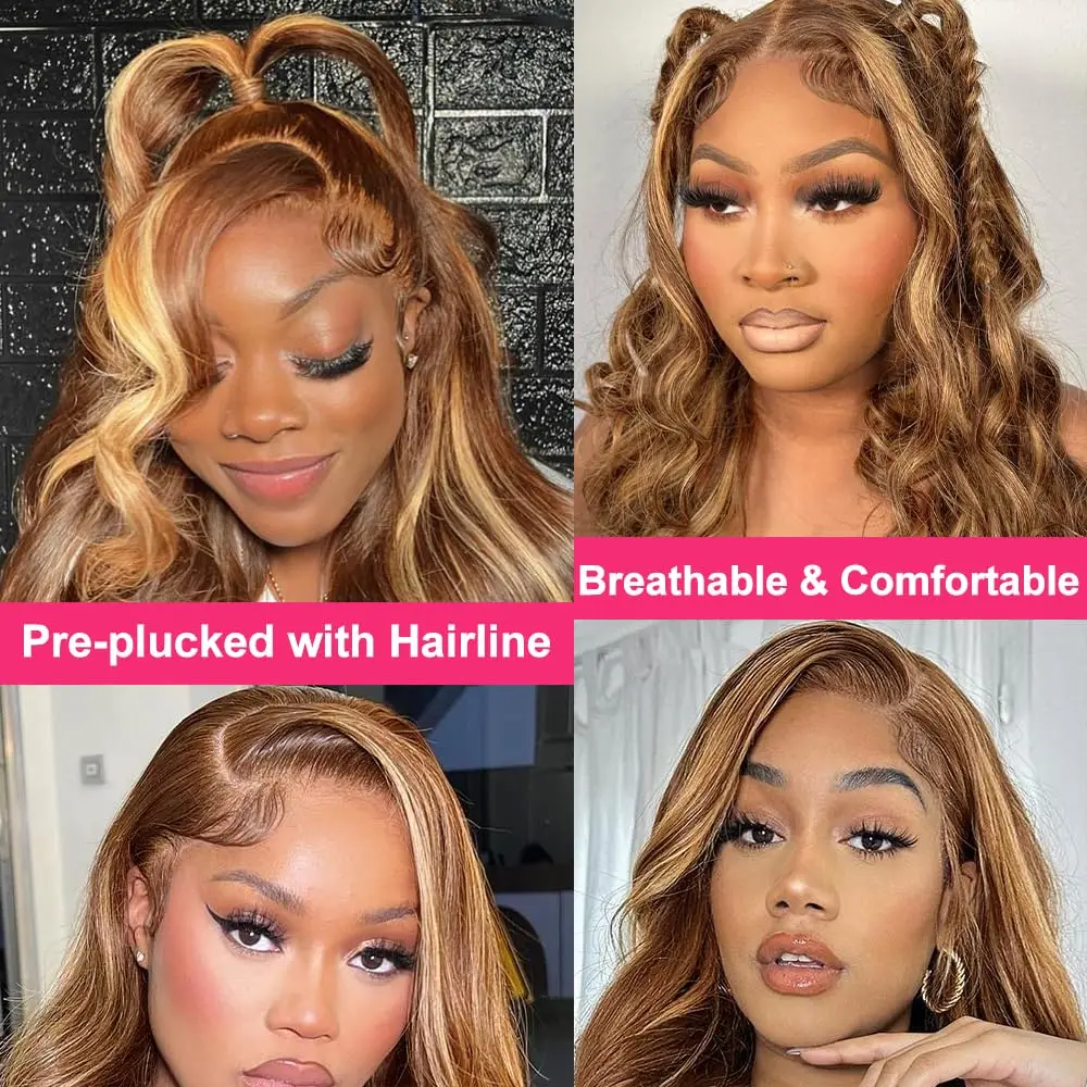 Evidenziare 13x6 Hd Parrucca Frontale Del Merletto Dei Capelli Umani Dell'onda Del Corpo Pre Pizzicato Miele Biondo Marrone Ombre Parrucca Dei Capelli Umani P4/27 Parrucca Colorata