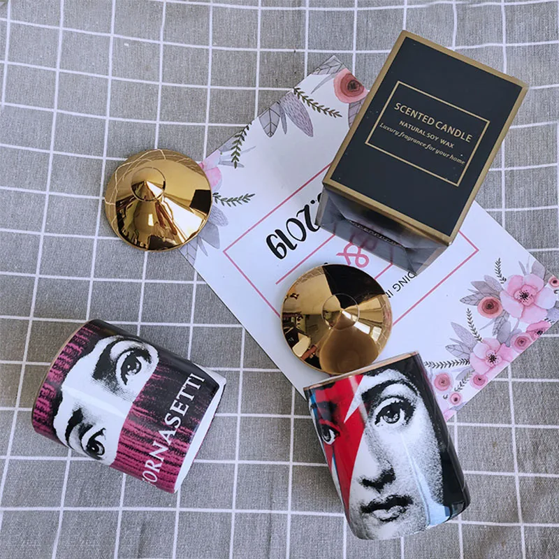 Vintage Female Portrait Storage Tank with Gold Lid Diy Candle Holder Beauty Dressing Brush Pen Box Ceramic Jar Candy Spice Tin