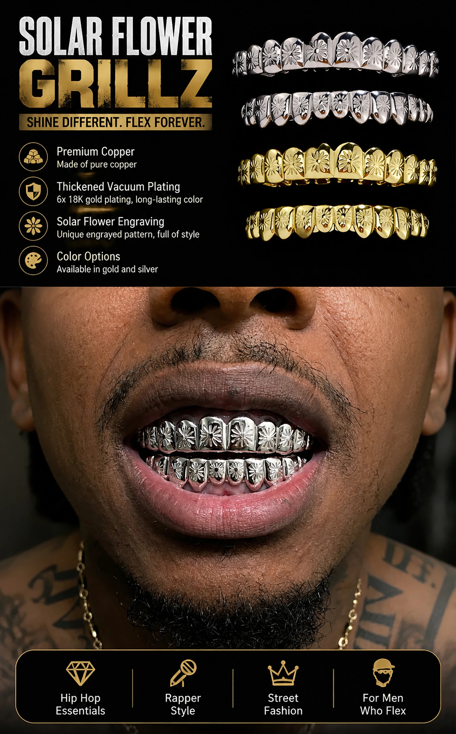 JINAO Hip-Hop Glänzende Oberfläche, langes Grillz-Set mit 12 Zähnen für Männer und Frauen, Ober- und Unterkiefer, glänzender Sonnenblumen-Grill, Punk-Rapper, Weihnachten – Detail 1