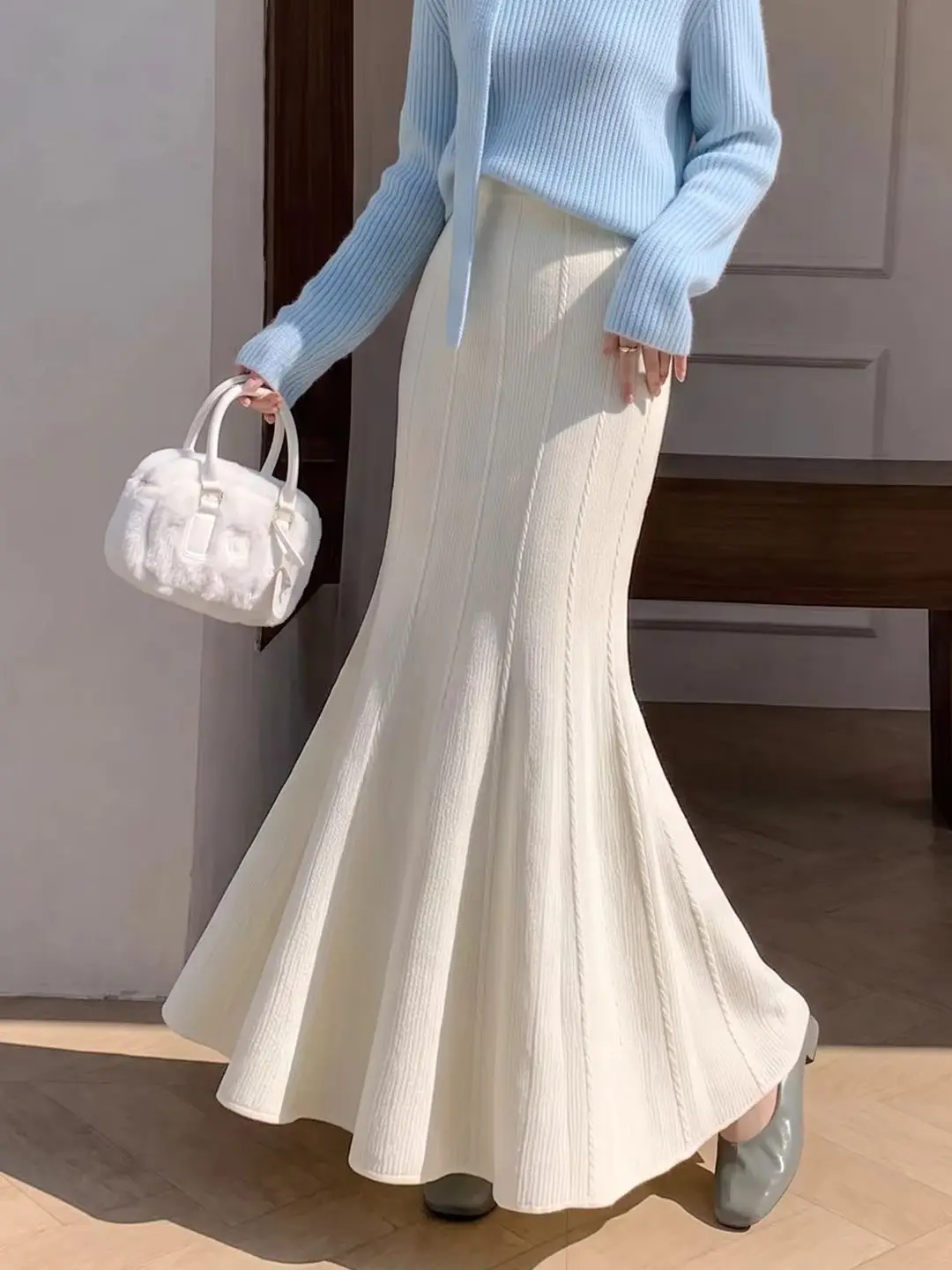 Fall Winter New Arrival Solid Knitted Slim Fishtail Maxi Skirt For Women Vintage Ribbed Pattern High Waist Thicken Bodycon Skirt