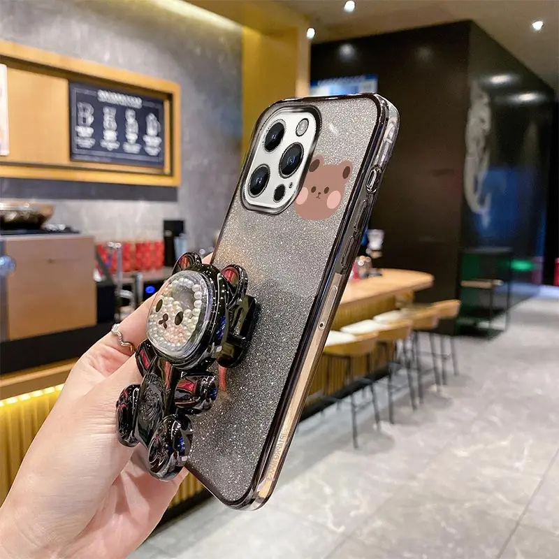 15Pro 14Pro Glitter Bling Bear Phone Holder Case For iPhone 15 14 13 12 11 Xs Pro Max Mini X XR Apple 6 6s 7 8 Plus Stand Cover