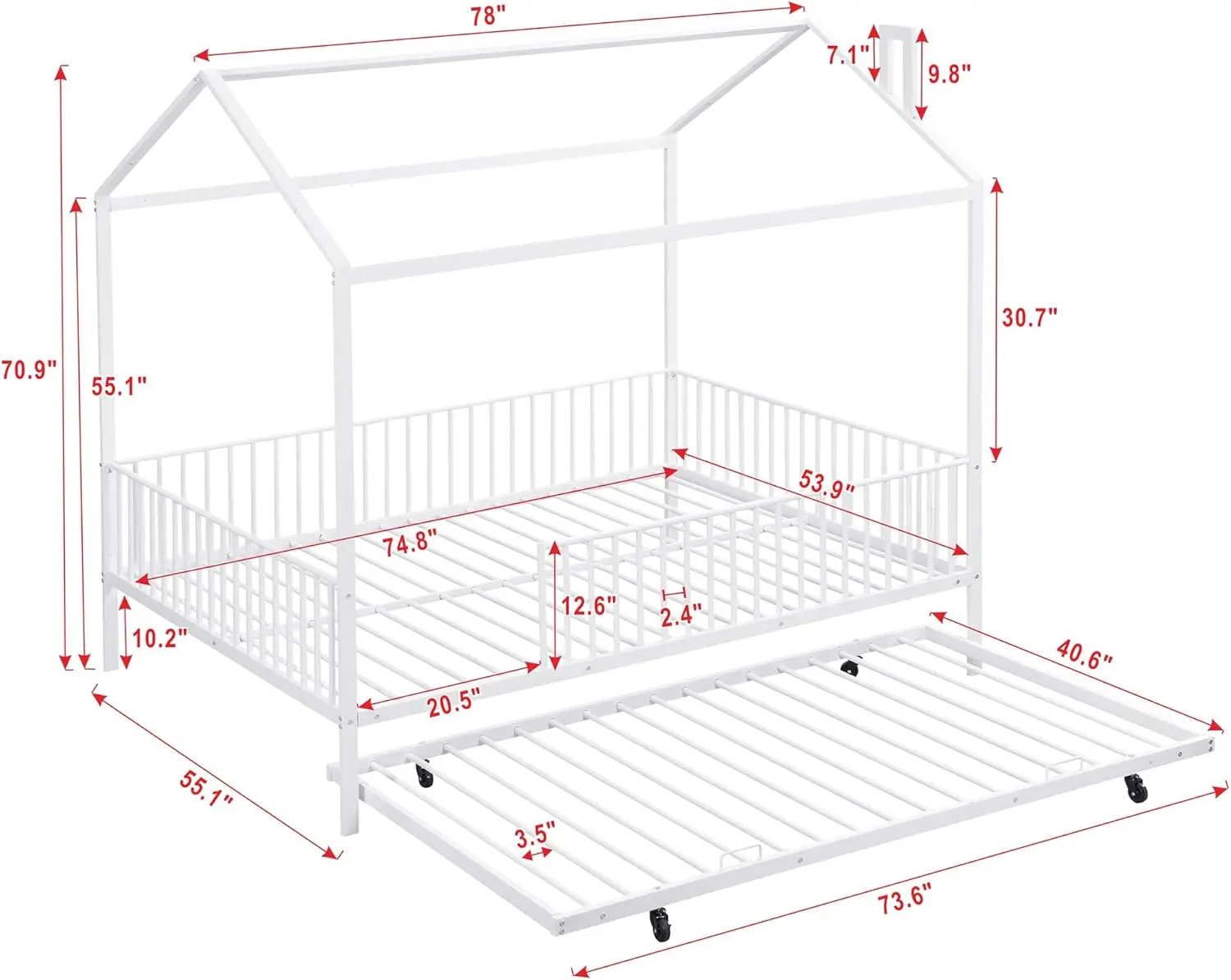 Size Metal House Bed with Fence & Trundle, Tent Floor Bed for Children, Teenagers, White