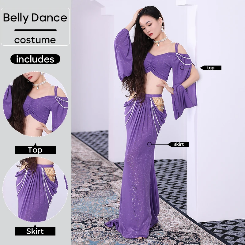 Belly Dance Costume Long Skirt 2 Pcs Set Top and Skirt For Adult Women Stage Performance Worksuit Practice Clothes Props