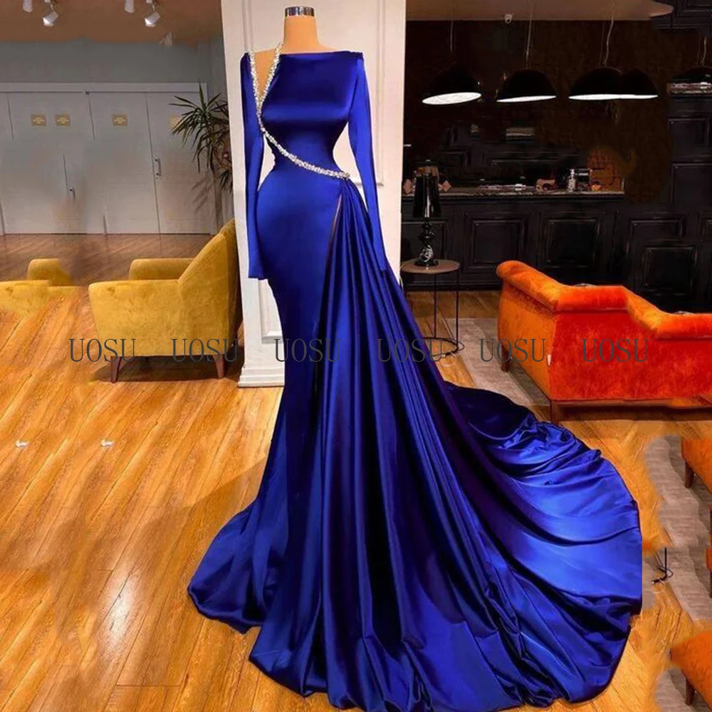 Dark Royal Blue ชุดราตรีหรูหราแขนยาว Mermaid Evening Dresses สำหรับผู้หญิง Beading Draped ซาตินอย่างเป็นทางการ Gwons 2022