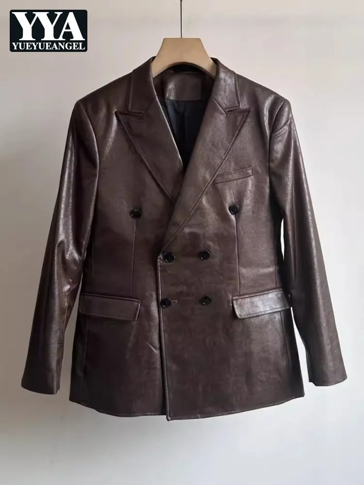 

New Autumn Fashion Mens Business Casual Double Breasted Faux Leather Blazers Straight Notched Collar Suit Jacket Coat Outerwear