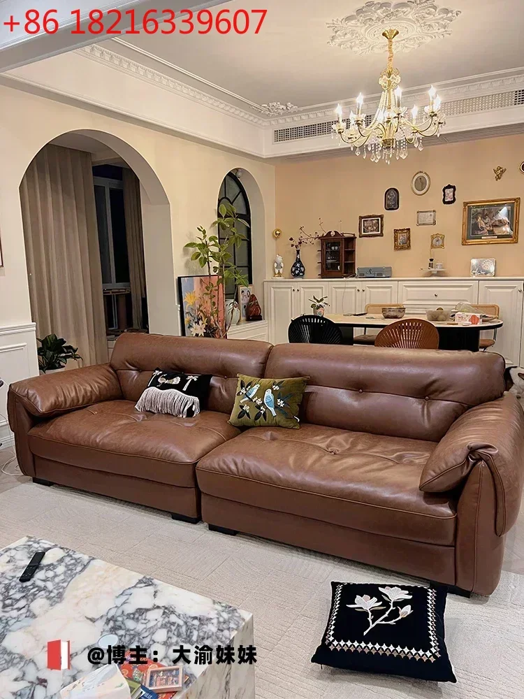 TAO First Layer Cowhide Caramel Retro Straight Row Living Room Small Apartment Three-Seat Sofa
