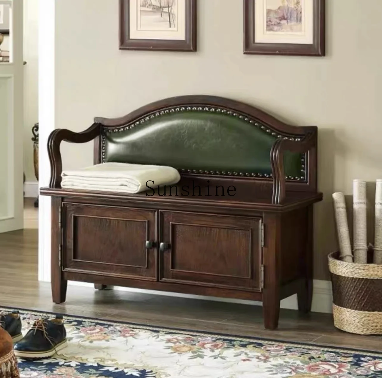 American solid wood shoe change stool with backrest drawer home door can sit shoe stool