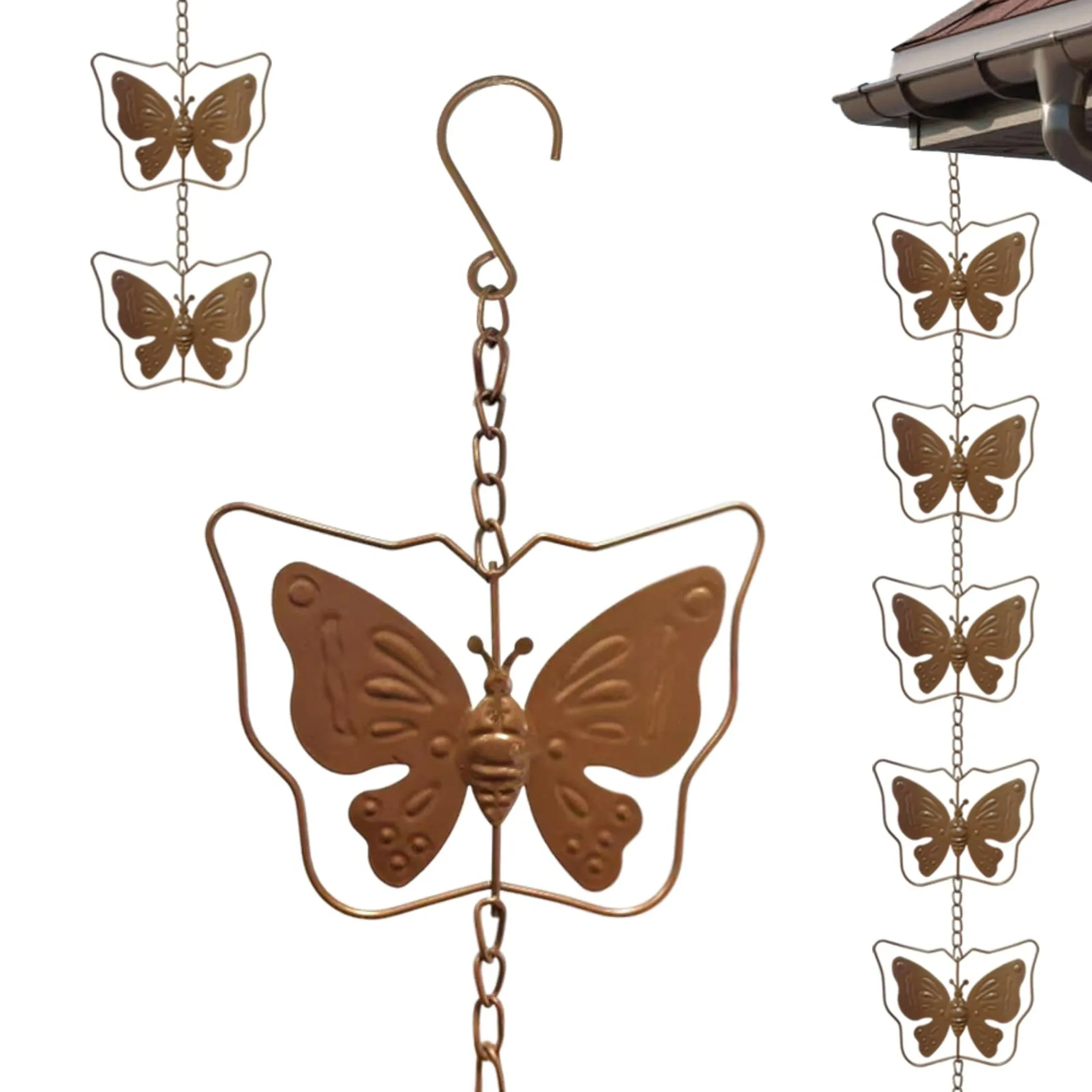 Dark Bronze Metal Butterfly Rain Chain, Rust Resistant Rain Catcher for Heavy Rain, Gutter Drainage Replacement & Indoor Outdoor Decor