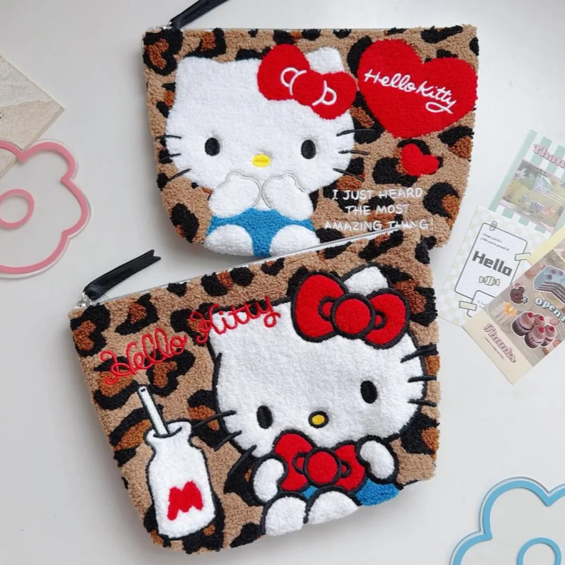 Kawaii Hello Kitty Leopard Print Plush Embroidery Makeup Bag Small Item Storage Bag Pencil Case Sanrio Gift Toy for Girl
