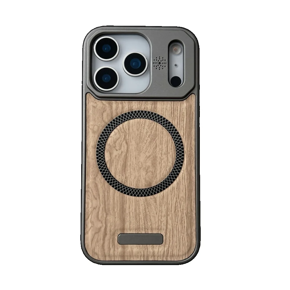Huyangmu phone case suitable for Apple 17 16 15 14 13 12 Pro Max metal paint wood grain magnetic suction 1 leather phone case