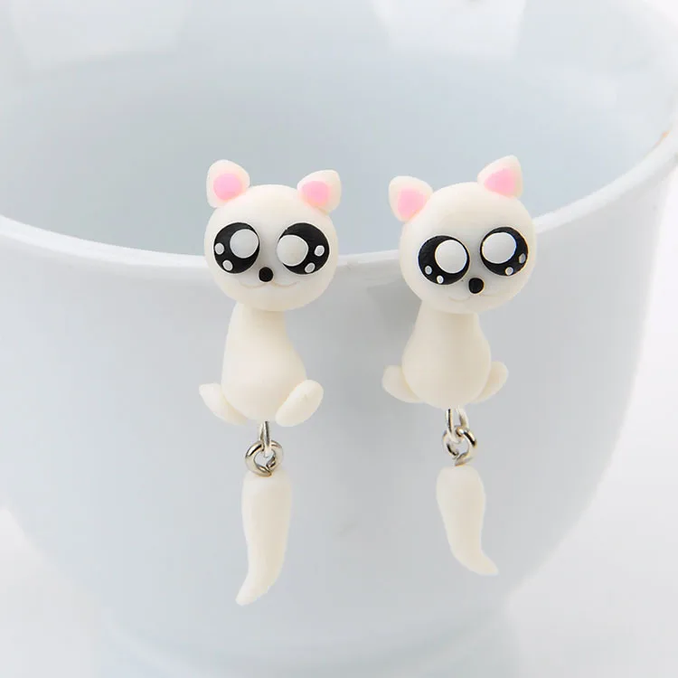 Handmade 3D White Cat Polymer Clay Stud Earrings For Women Kids Cute Kitten Front Back Ear Jackets Kawaii Pet Animal Earrings