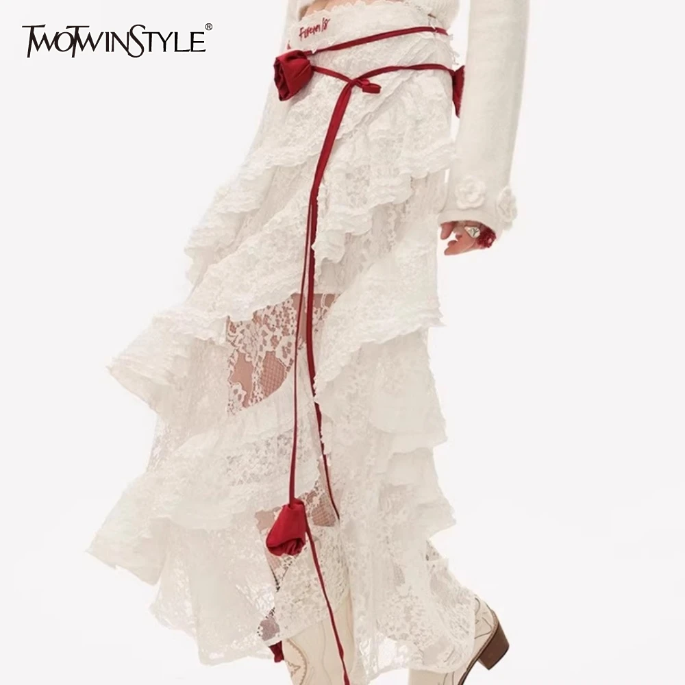 

TWOTWINSTYLE Solid Loose Lace Skirts for Women High Waist Elegant Spliced Ruffles Skirts Female Fashion Style New
