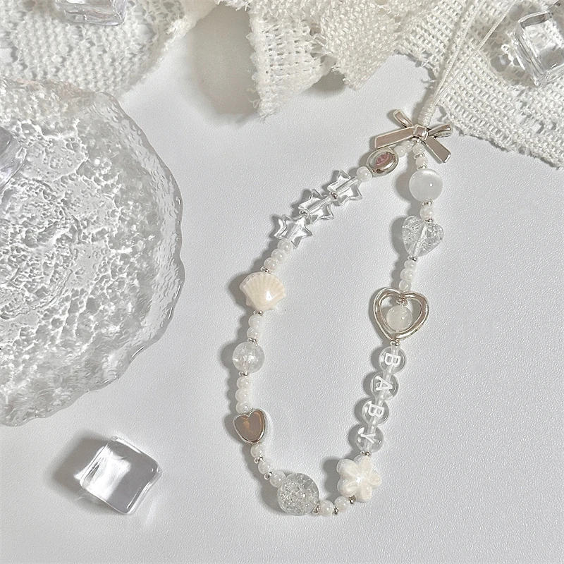 Korean Cute Clear Star White Flower Beaded Phone Chain Charm Lanyard For iPhone 15 CCD Camera Hanging Rope Girl Jewelry Pendant