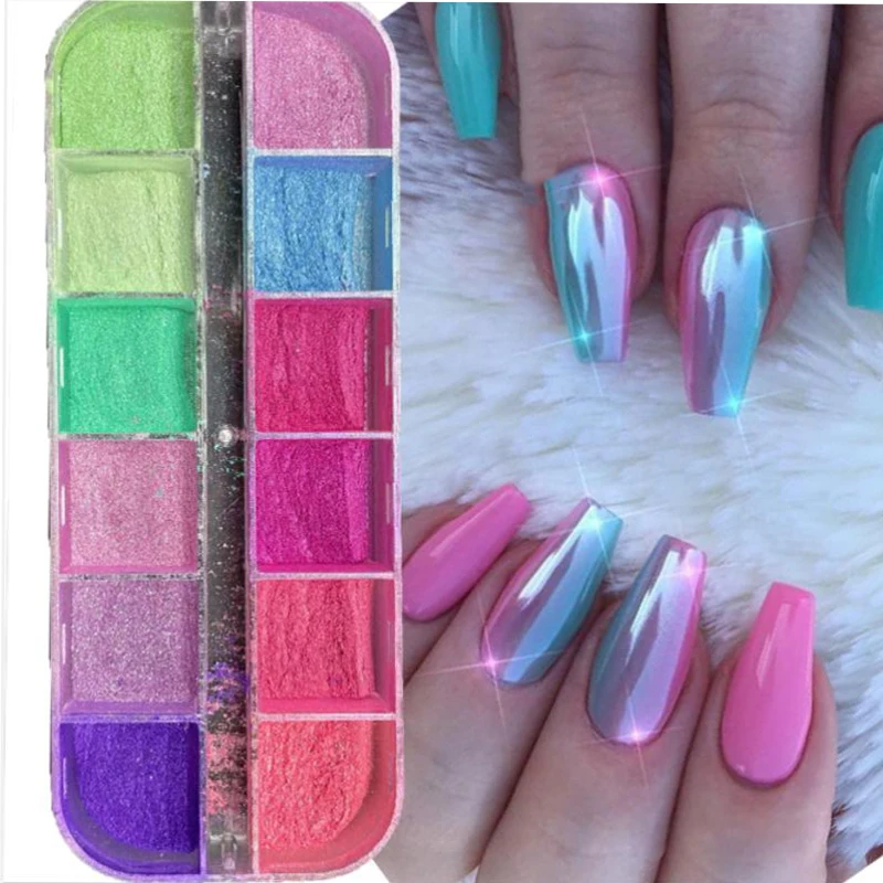 12Grids シマーマーメイドパールネイルミラーパウダーレインボーグラデーショングリッタークロームピグメントダスト超微細ネイルラビングパウダー＆*