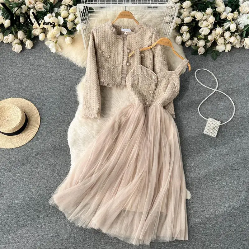 GetSpring Women Dress Sets 2025 Spring Vintage O Neck Short Coat High Waist Sleeveless Mesh Stitched Long Dresses Two Pieces Set