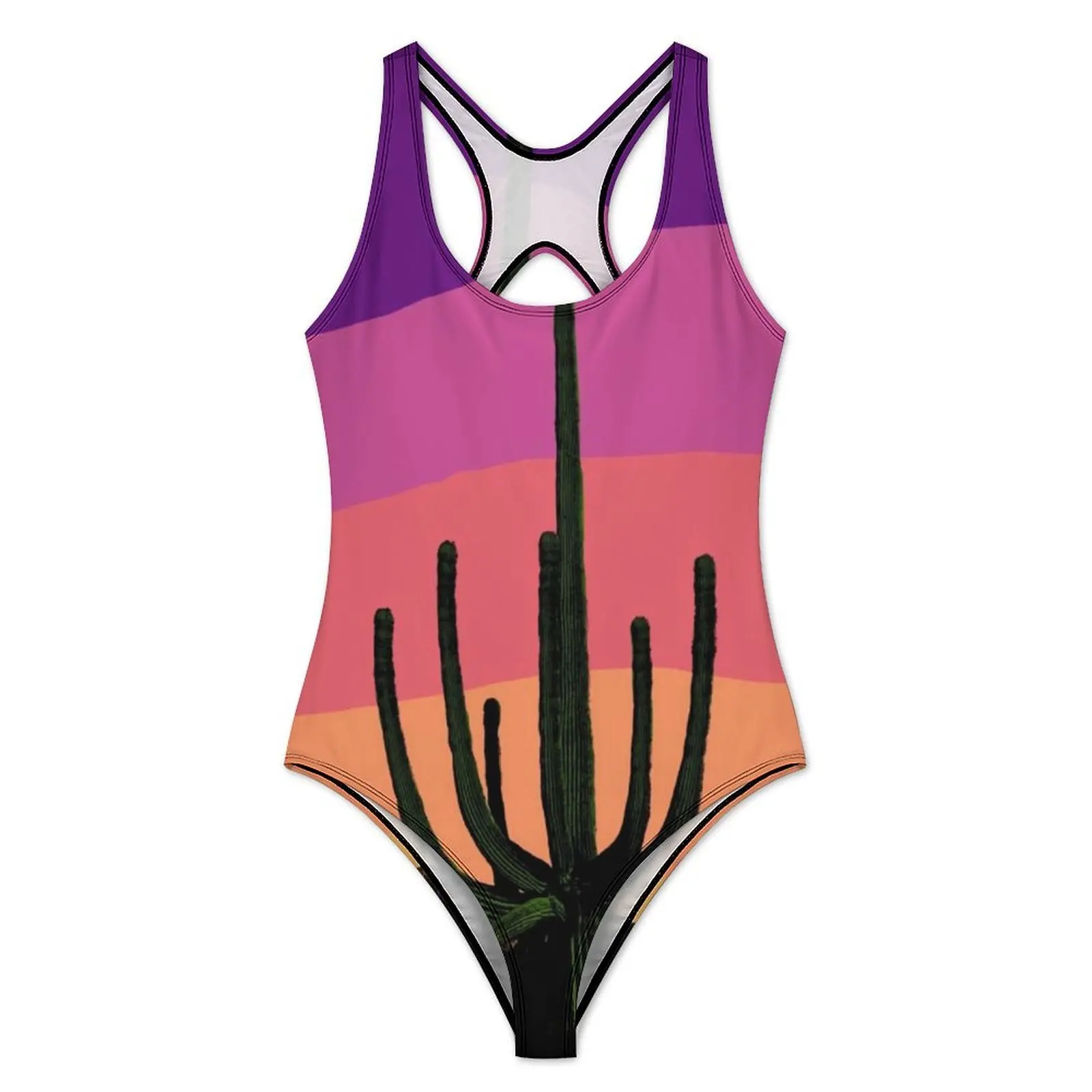 Colorful Desert Swimsuit Sexy Saguaro Cactus Sunset Women Swimwear One Piece Bodysuit Holiday Push Up Hollow Out Bathing Suits