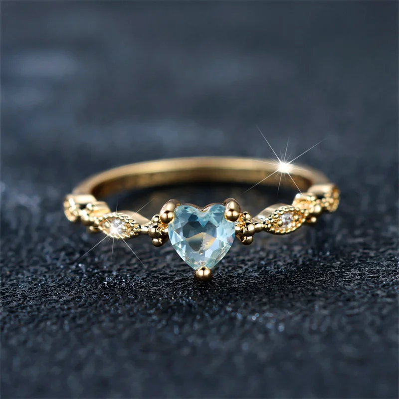 Cute Female Water Blue Zircon Stone Ring Trendy Yellow Gold Color Heart Engagement Bride Wedding Jewelry For Women