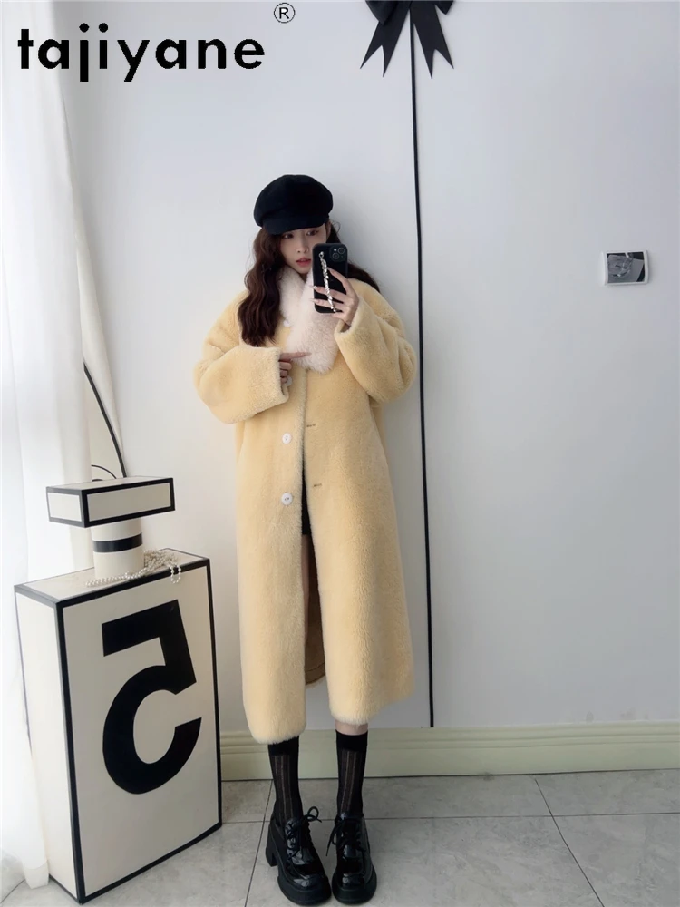 Tajiyane casacos de lã natural 100% para mulheres estilo coreano amarelo longo corte jaqueta 2025 inverno outerwears roupas femininas шрость