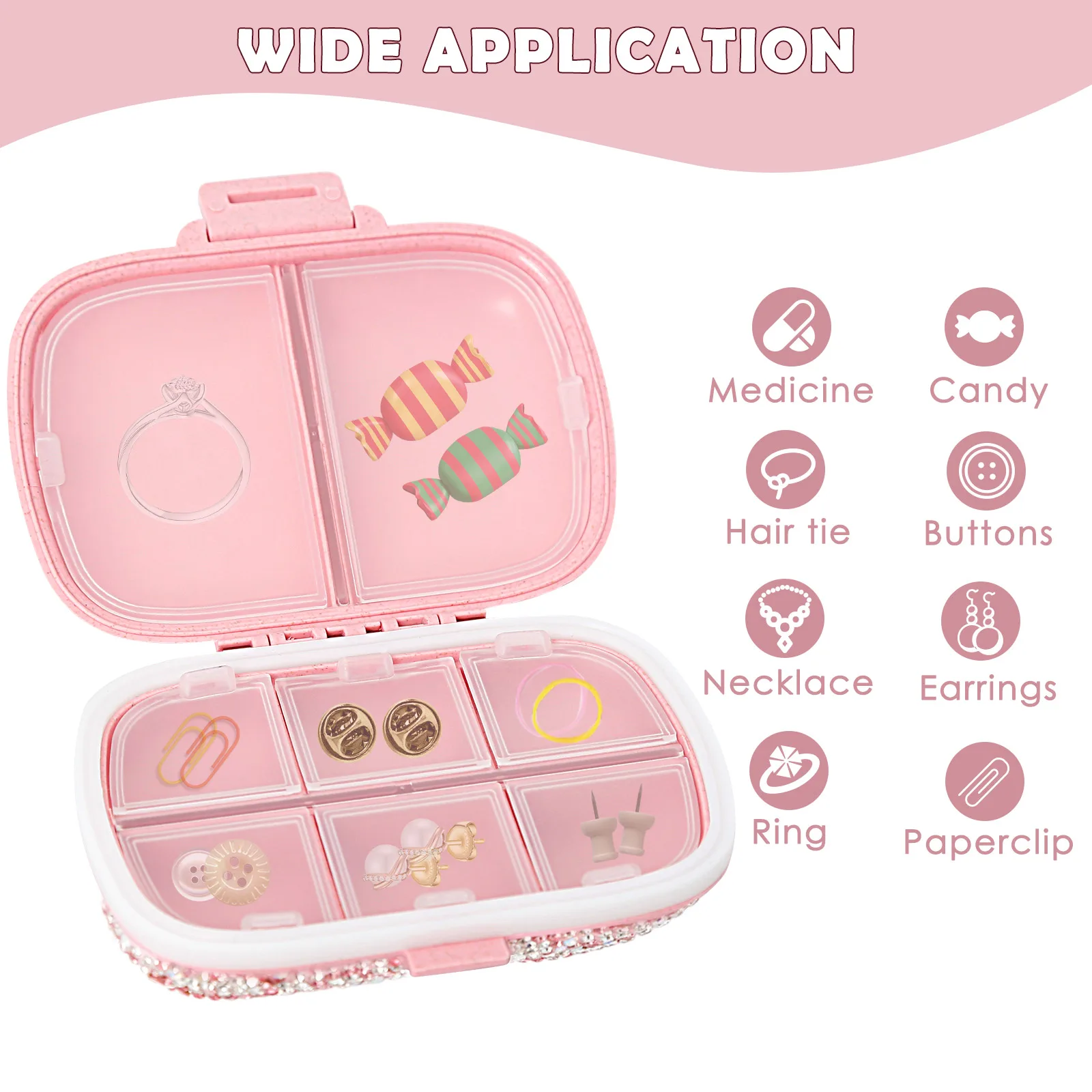 Travel Pill Organizer w/ Rhinestones 175 Medicine Labels 8 Compartments Moisture Proof Pill Case Mini Medication Organizer Set
