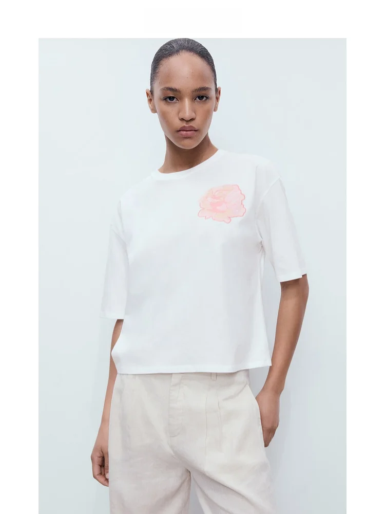 Mango Women's Cotton T-irt round Ne ort Sve Embroidered Print Casual Top Summer Faion Ladies' Clothing