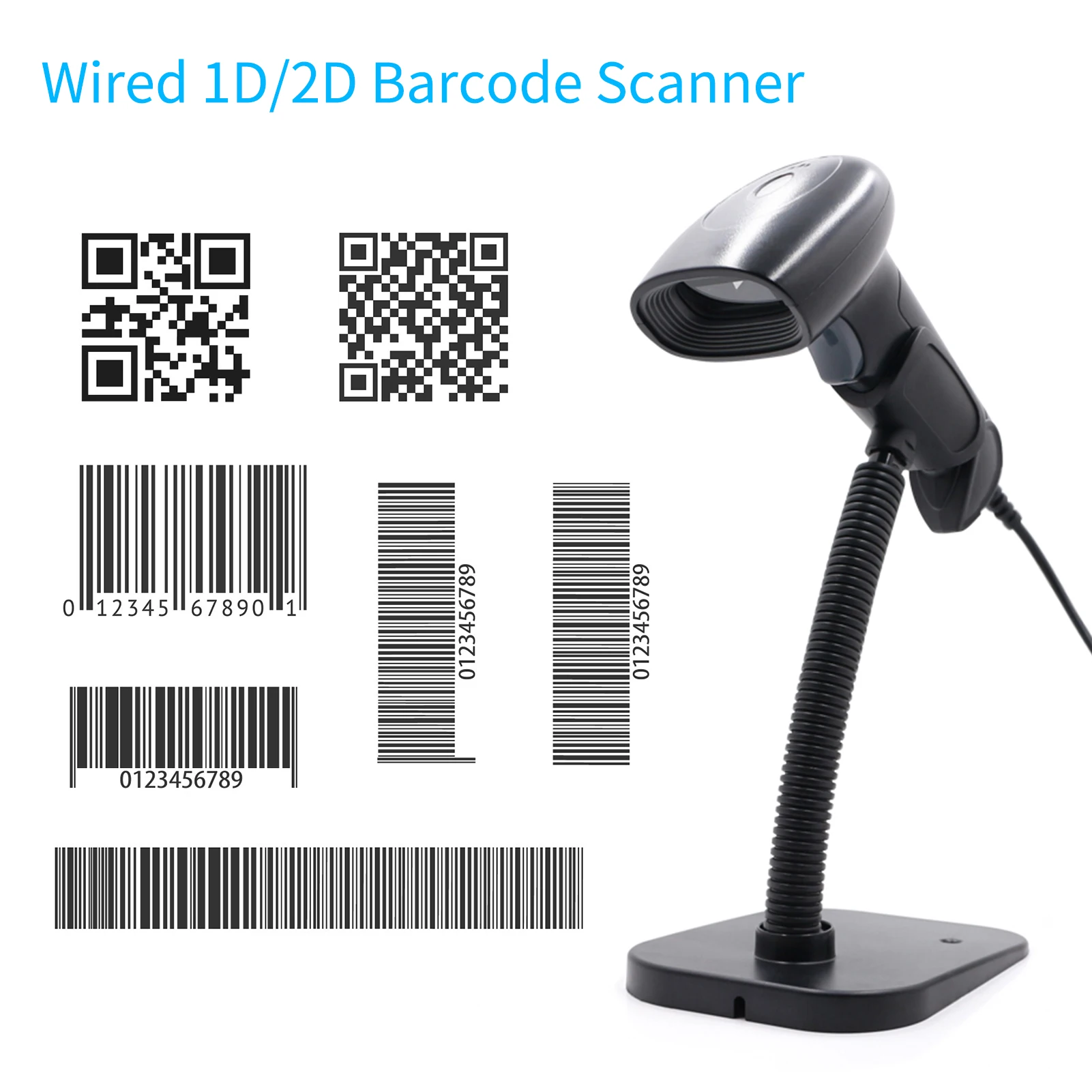 1D 2D QR Handheld Wired Bar Code Reader USB Barcode Scanner with Stand Support Screen Code Compatible with Windows XP/7/8/10