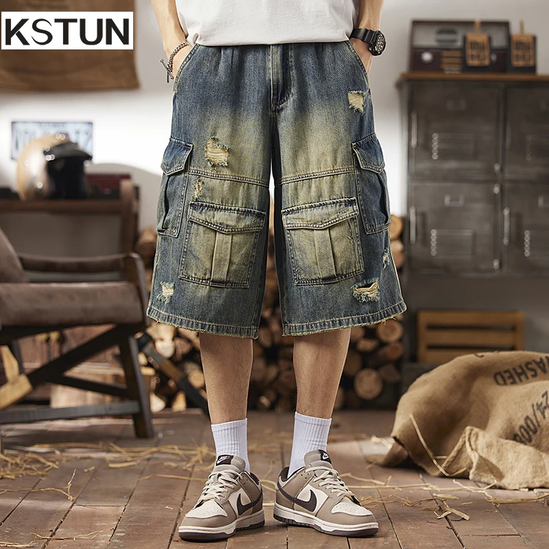 

KSTUN American Style Loose Denim Shorts With Multiple Pockets For Men Hip Hop Vintage Baggy Pants Capri Pants Men Short Jeans