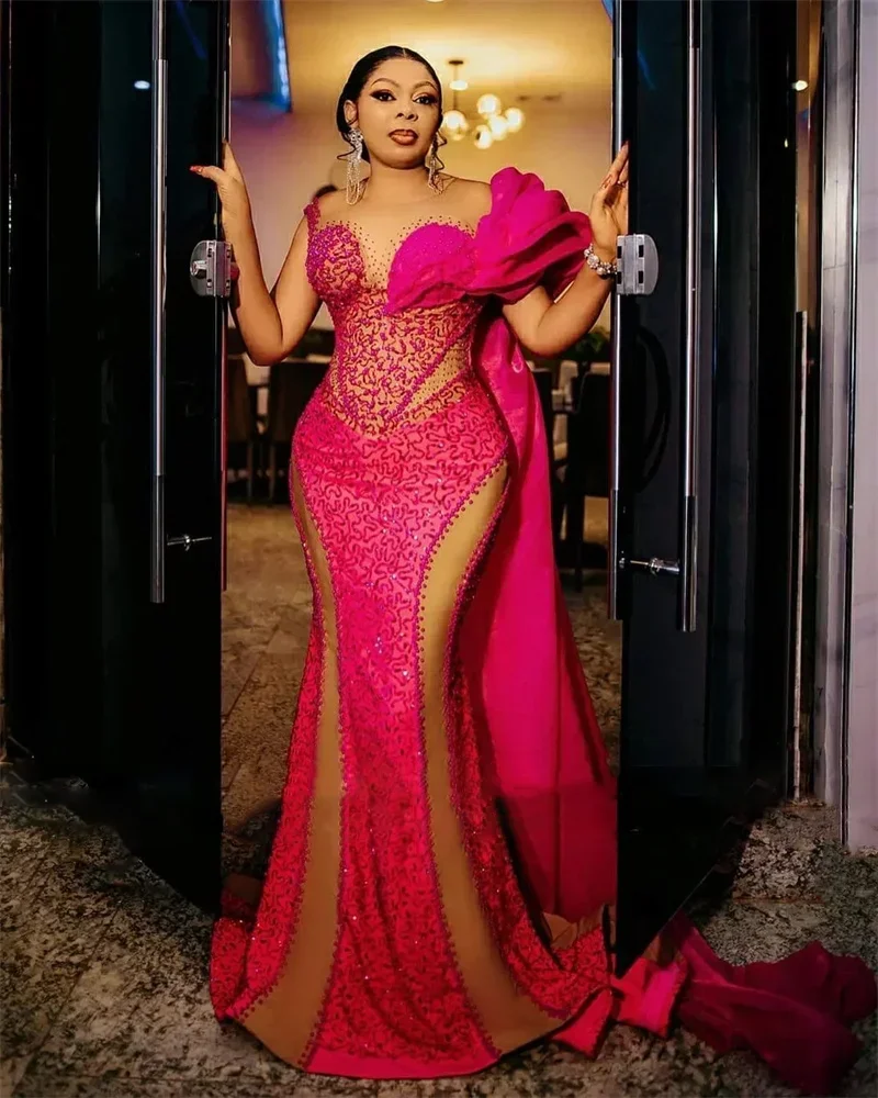 セクシーなピンクマーメイドボールドレスアフリカ女性のノースリーブイブニングドレスレースビーズウェディングパーティードレスカスタマイズ