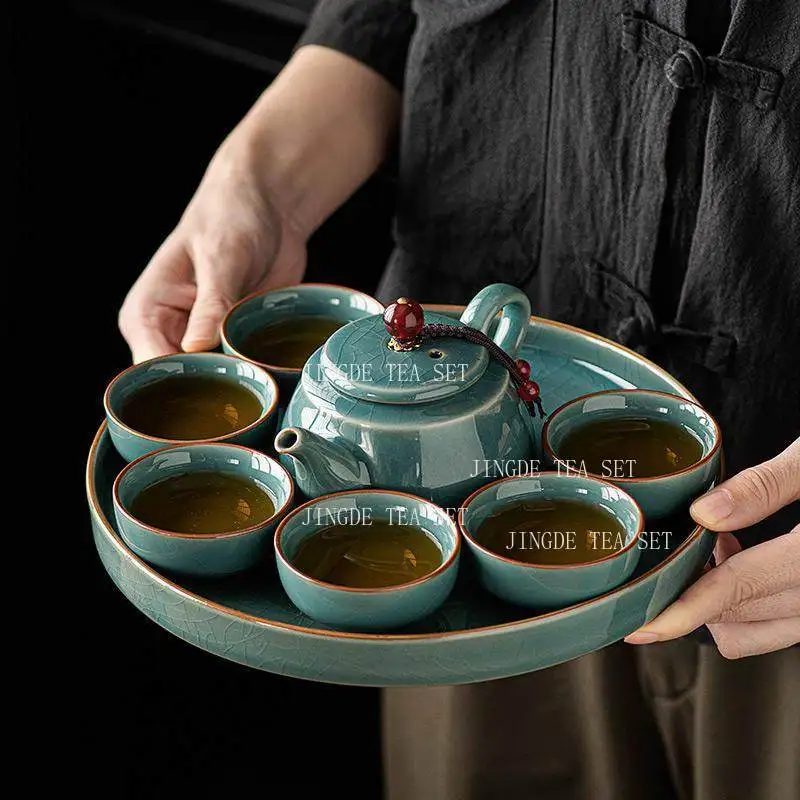 

Чайный сервиз Ge Kiln: Домашний набор для чайной церемонии Кунг-фу из керамики с эффектом ледяного кракле, китайский чайник, посуда для питья