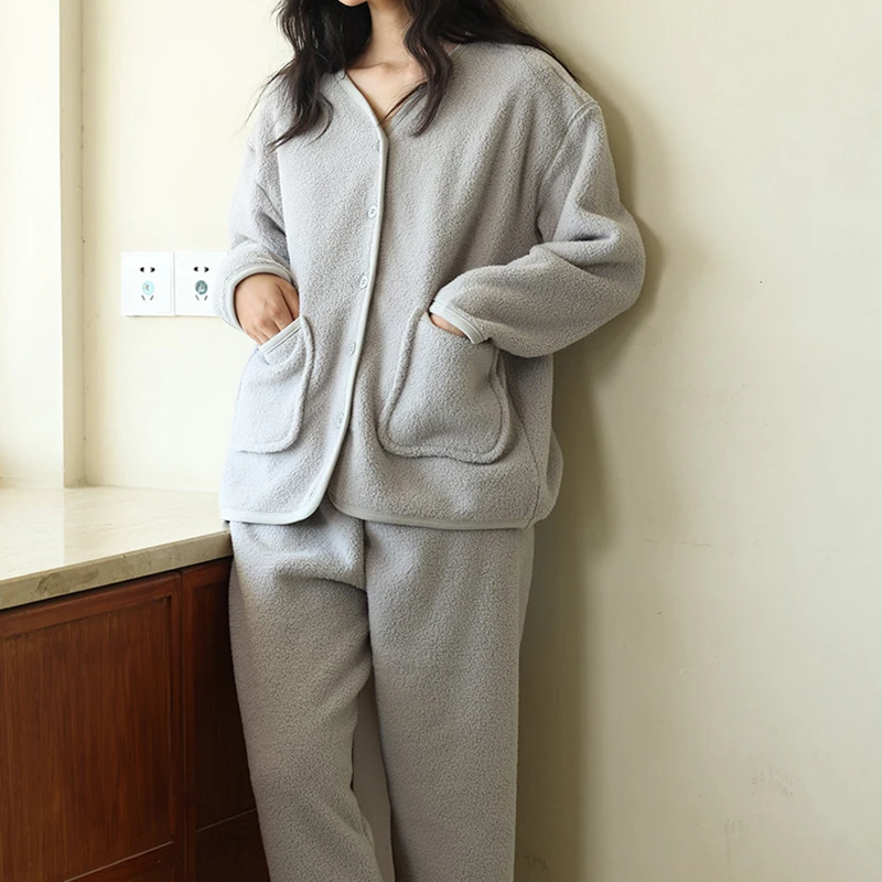 Autumn Winter Women\'s Pajamas New Button Homewear Women Solid Color Flannel Cardigan Pajamas Loose Double-sided Fleece Warm Suit