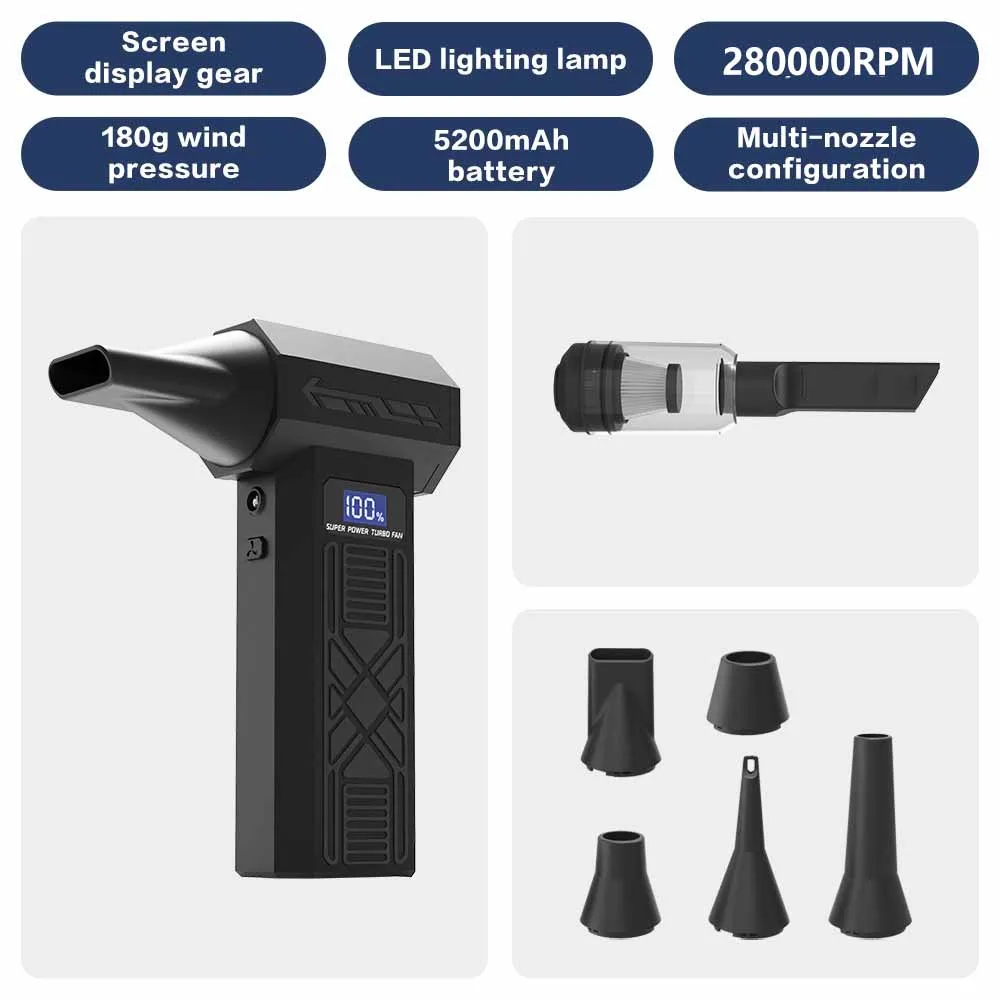 280000RPM Turbo Jet Blower Powerful Air Blower 4 Wind Speed Adjustable Strong Dust Removal Mini Turbo Jet Fan with LED Lighting