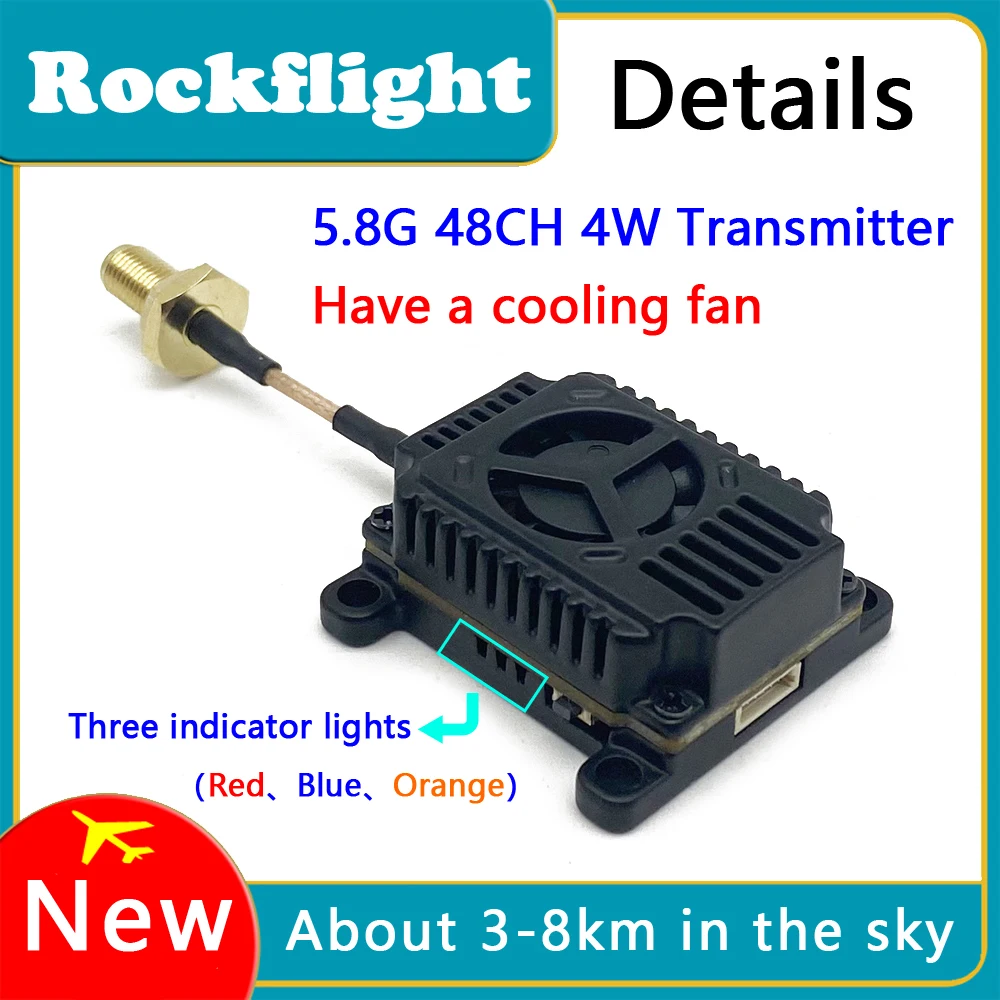 Rockflight 5.8G 48CH 4000mW VTX Transmitter 4W launcher support 2-6S Power and IRC with mmcx antenna For Long Range FPV Drone