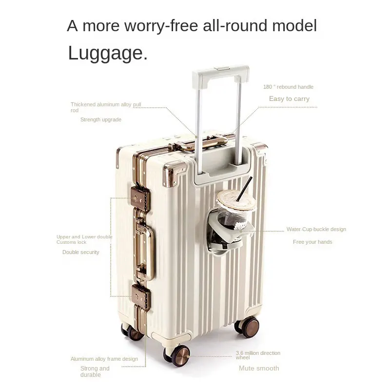 New Suitcase Cabin Carrier Cup Holder Suitcases on Wheels Female Rolling Luggage Bag Large Capacity Travel Bag Male Trolley Case