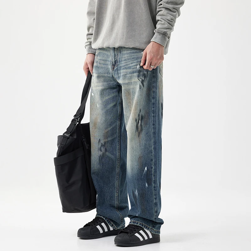 Jeans rétro coréens pour hommes, pantalons droits décontractés, pantalons amples personnalisés, peinture à l'encre, streetwear d'automne, nouveau, 2024