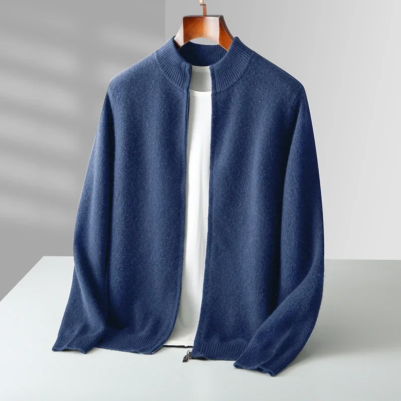 100% Wool Men's Sweater Mock Collar Thickened Zippered Cardigan Autumn Winter Warm Knitted Long Sleeve Tops Casual Outwear