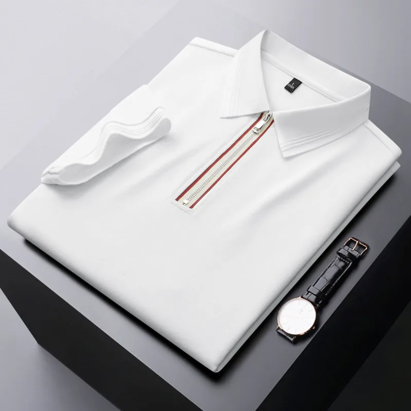 الصيف 7A مضاد للجراثيم مطرز تنفس نصف سستة قصيرة الأكمام قميص بولو رجال الأعمال عادية بلون تي شيرت بياقة #4