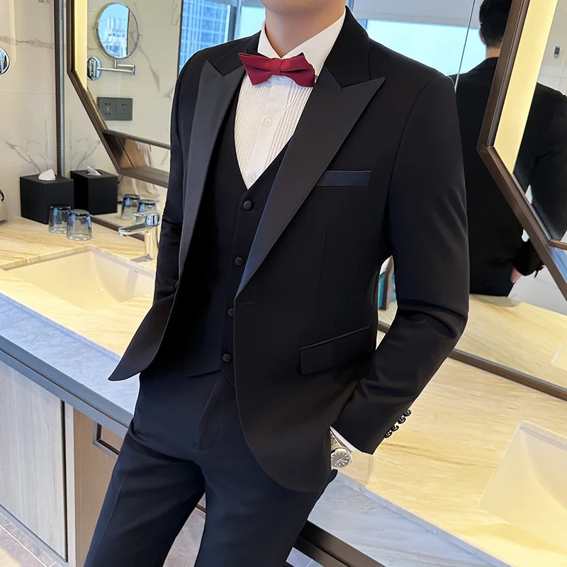 

2023 High-end wool Tussock suit (suit + waistcoat + trousers) bridegroom wedding dress male business Tencel suit three-piece set