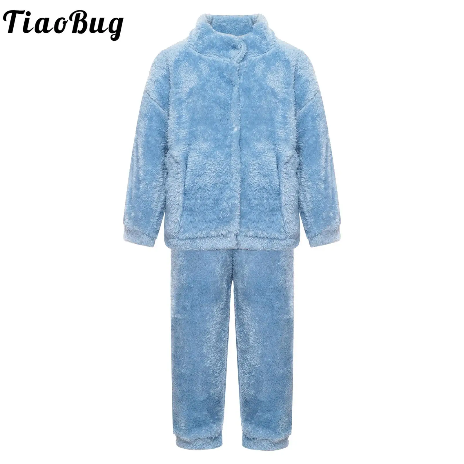 Kids Boys Girls Warm Flannel Pajamas Set Sleepwear Unisex Children Solid Color Long Sleeve Stand Collar Button Tops with Pants