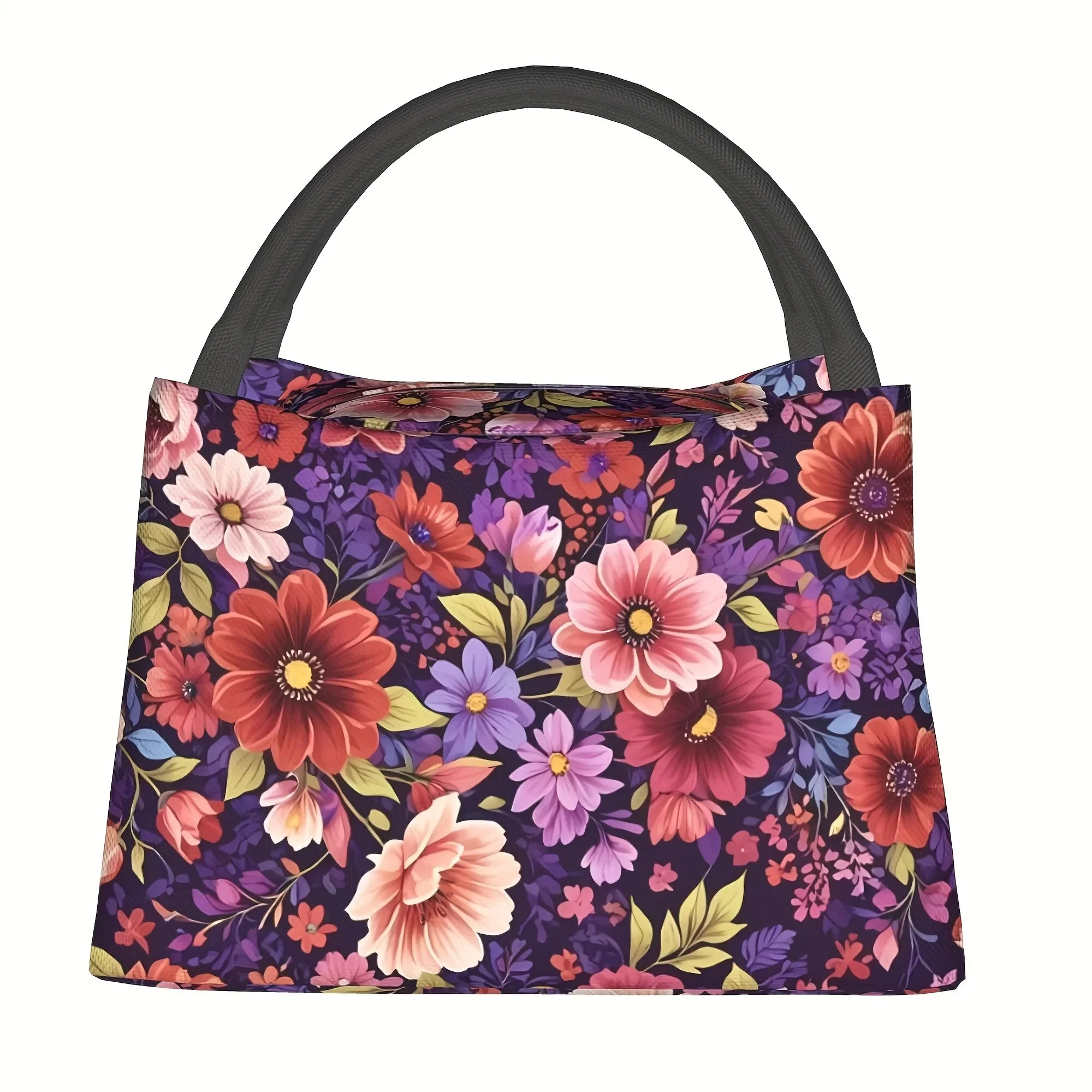 Floral Bloom Insulated Lunch Bag Durable Polyester Oxford Cooler Tote for Women