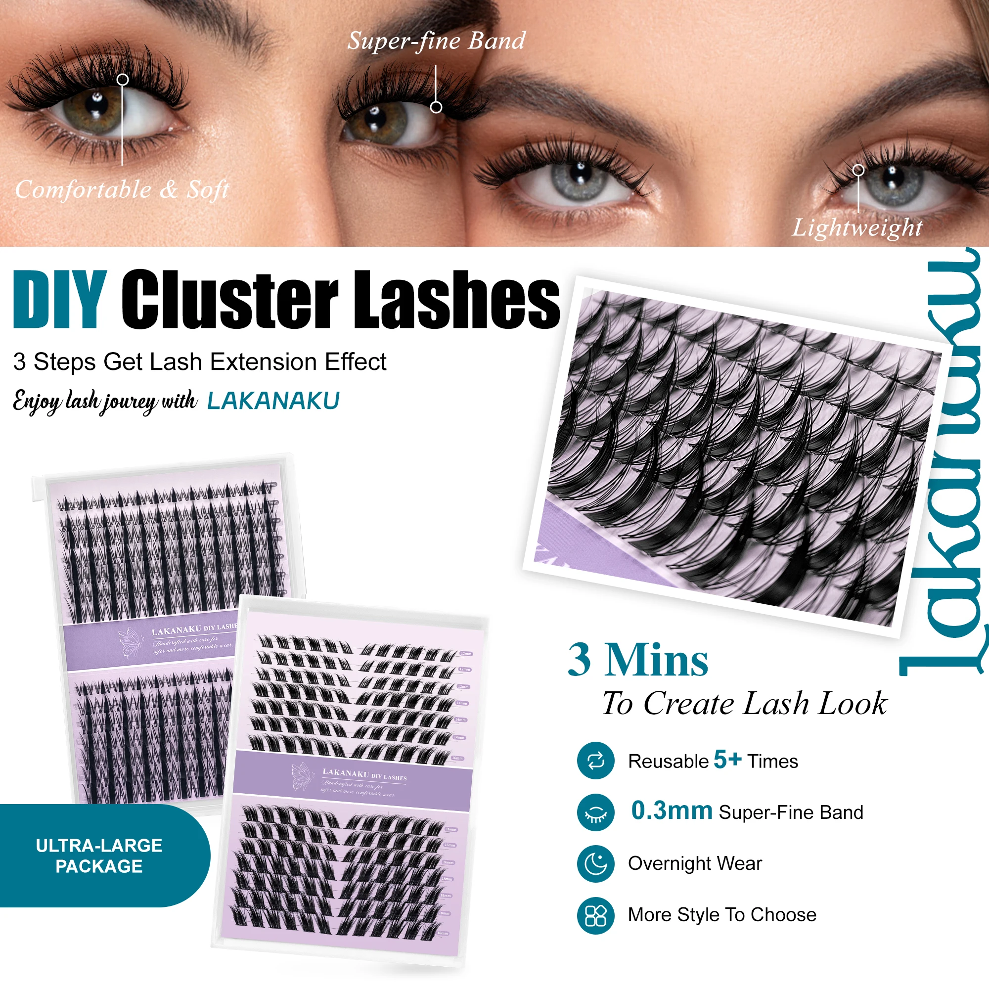 LAKANAKU 個別まつげクラスター ナチュラル キャットアイ スタイル ソフト DIY ラッシュエクステンション 再利用可能 無香料 初心者 & コスプレ用
