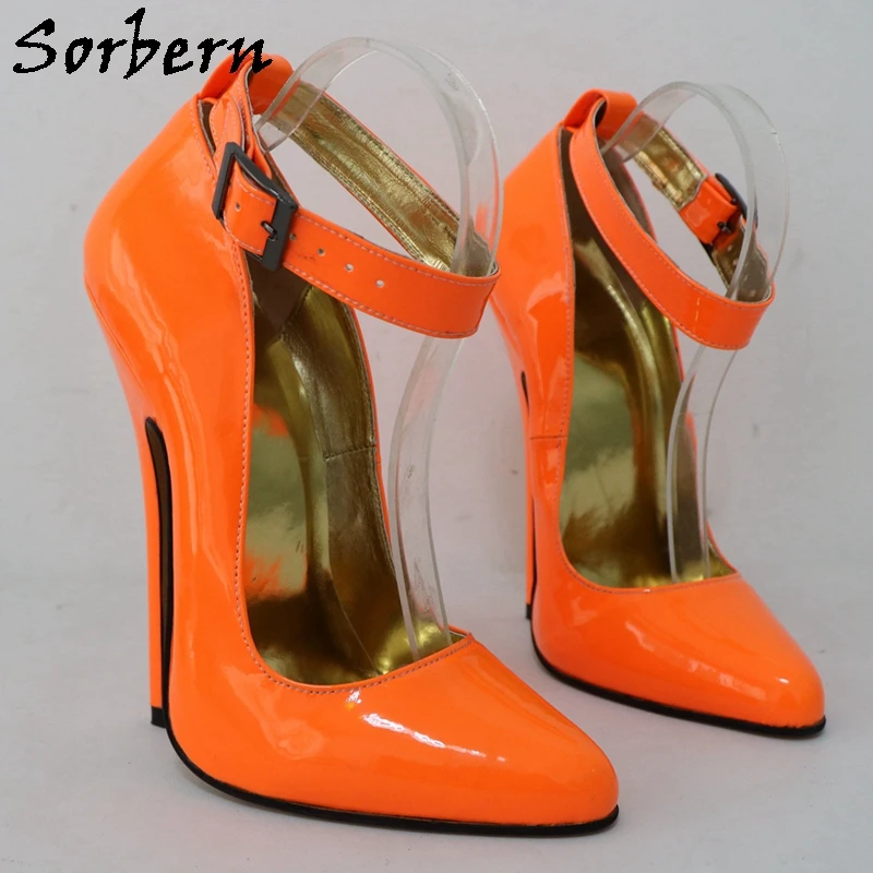 Sorbern Neon 16Cm High Heel Women Pump Shoes Stilettos Wide Ankle Strap Pointed Toe Sissy Boy Fetish Arch Heeled Footwear