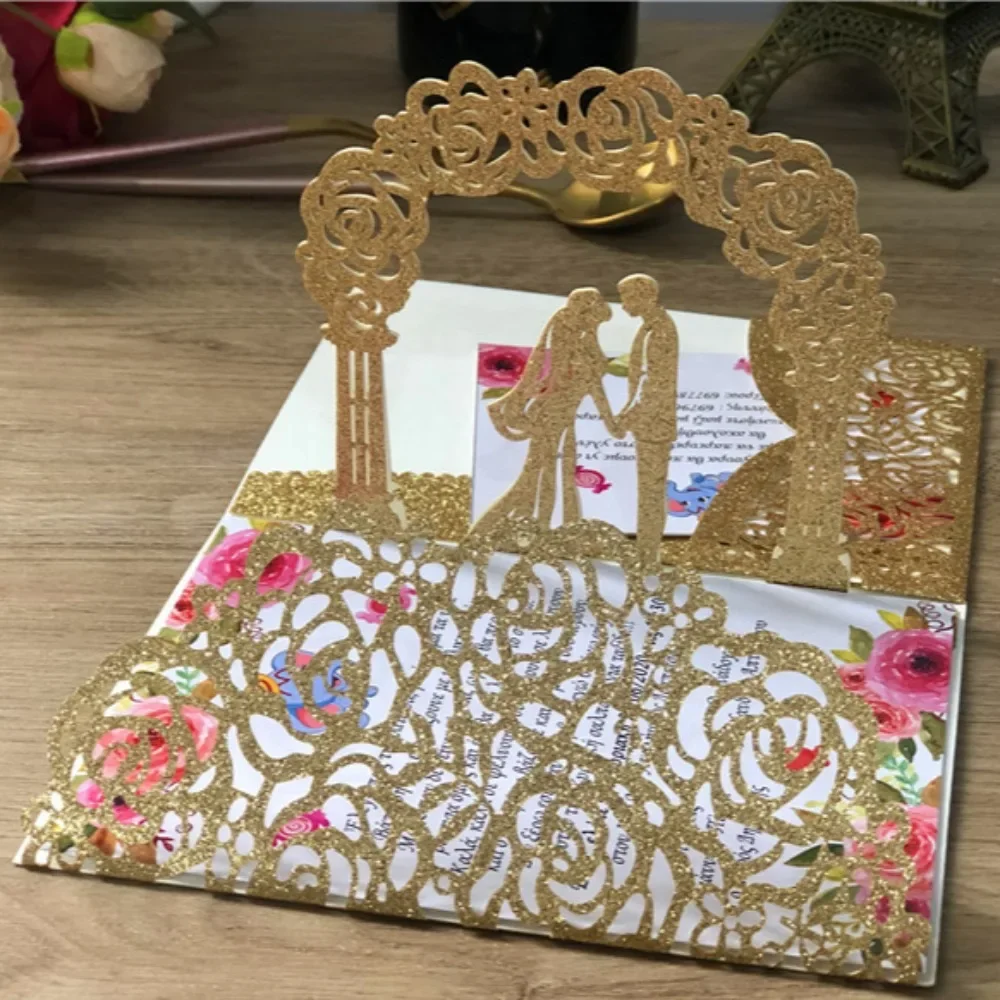 3D Bride and Groom Rose Gold Pop Up Wedding Invitations Laser Cut Greeting Cards Envelope Navy Blue White Pink Greeting Cards