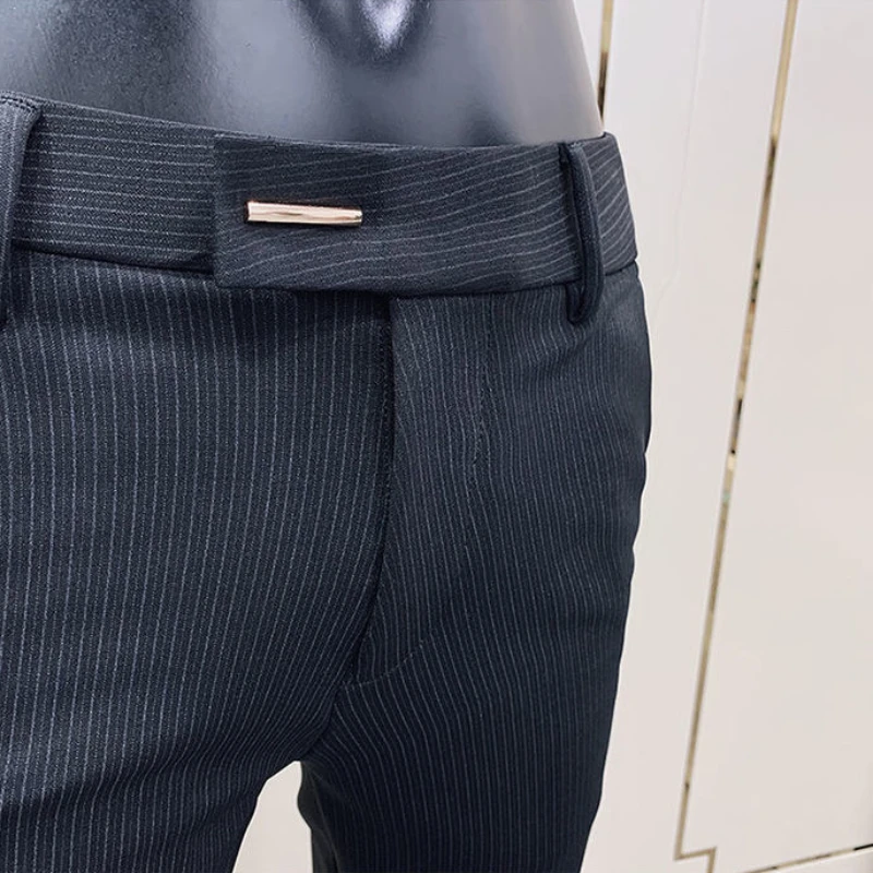 Gestreepte Zakelijke Heren Zomerbroek Nauwsluitende Strakke Sociale Maatwerk Herenpak Broek Tressed Hoge Kwaliteit Luxe Anti-Rimpel