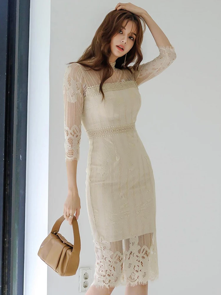 Korean Fashion Spring Lady Elegant Lace Pencil Dress For Women Clothing Solid Sheer Sexy Stand Neck Slim Hip Wrap Party Vestidos