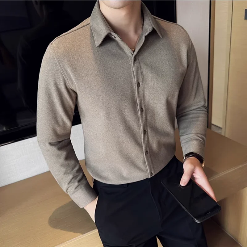 Autumn Winter Thickened Warm Woolen Shirt Men High Quality Slim Business Solid Shirts Formal Casual Prom Tuxedo Men Clothing