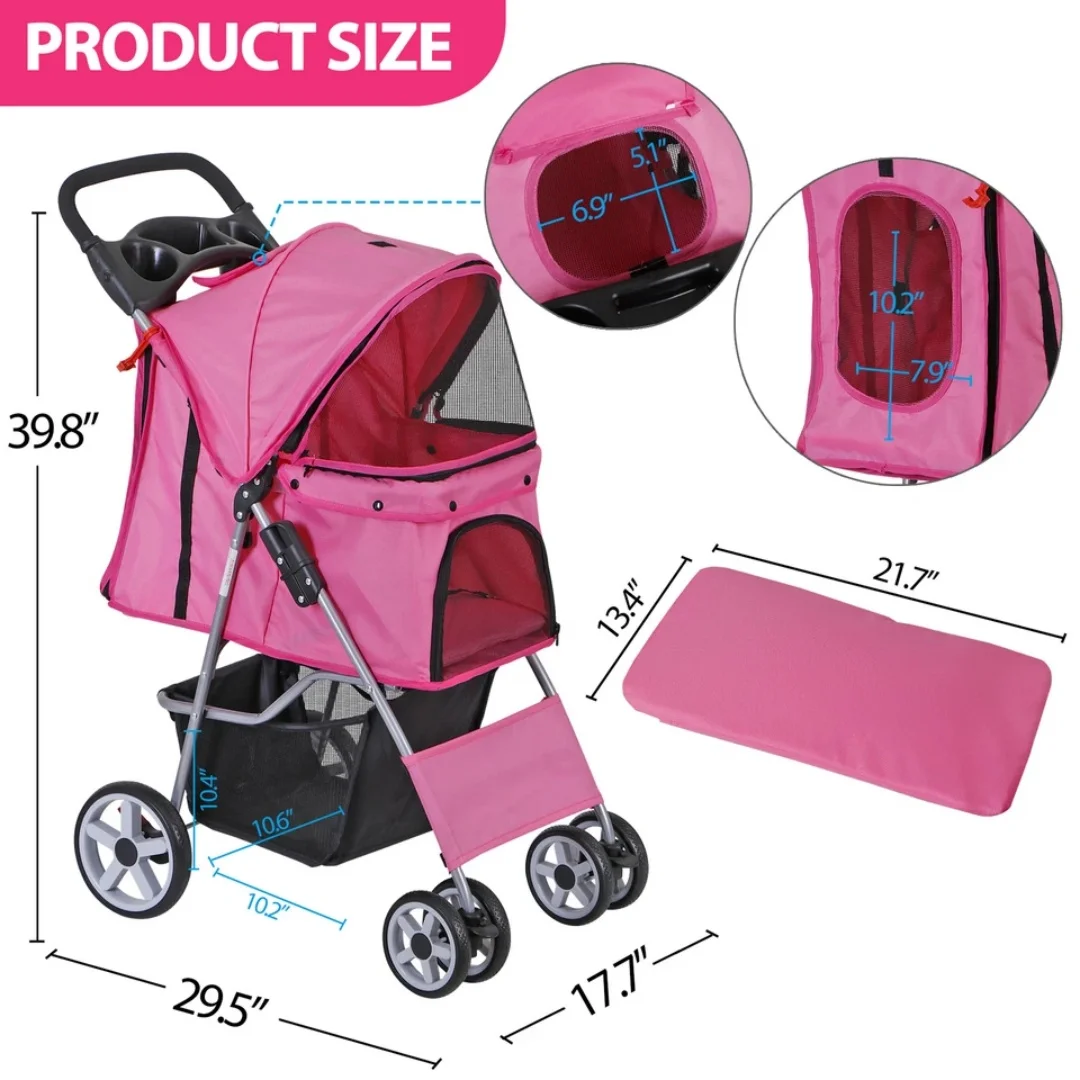 Dog Stroller 4-Wheels w/Storage Basket & Cup Holder Foldable Cat Pet Stroller - view 3