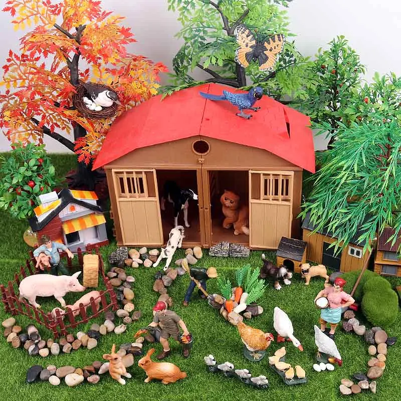 Oenux Zoo Farm House Model Action Figures Farmer Cow Hen Duck Poultry Animals Set Figurine Miniature Lovely Educational Kids Toy