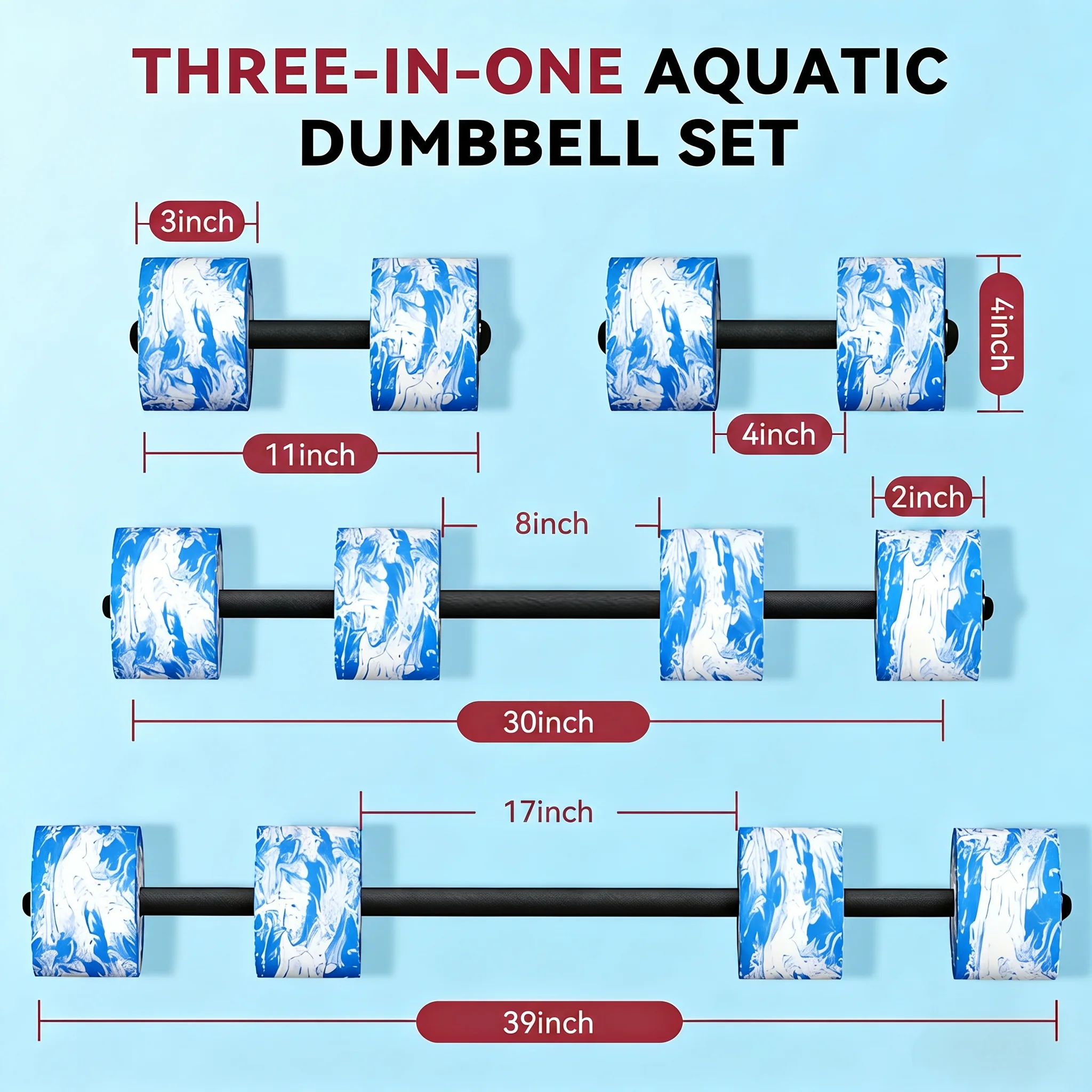 HAPBEAR 3-in-1 Aquatic Exercise Dumbbells, Adjustable Water Weights for Pool Exercise, High-Density EVA Foam Barbell for Water Aerobics Equipment, Physical Therapy & Joint-Friendly Strength Training